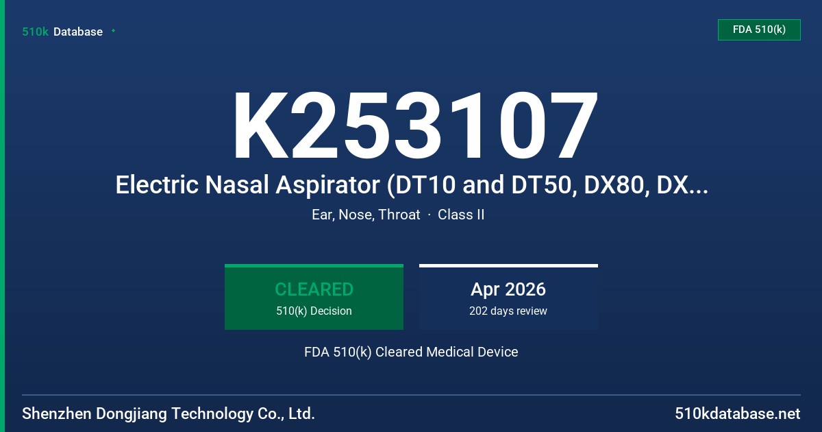 K253107 Electric Nasal Aspirator (DT10 and DT50, DX80, DX85, DX86 and DX90) FDA 510(k) Cleared Medical Device