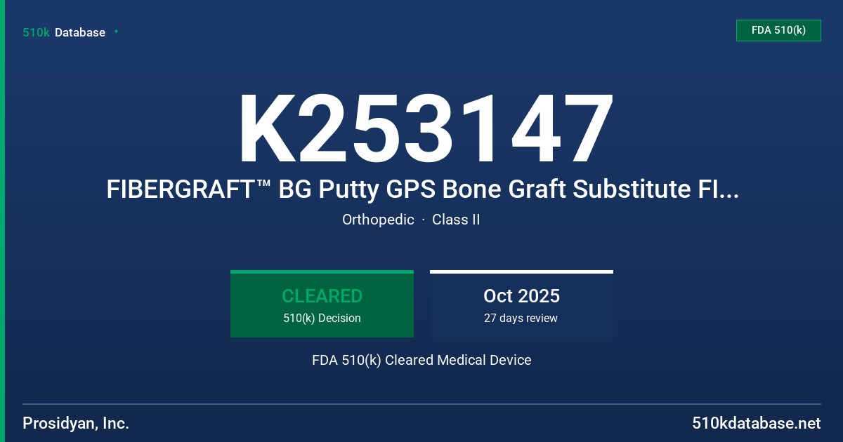 K253147 FIBERGRAFT™ BG Putty GPS Bone Graft Substitute FIBERGRAFT™ BG Putty Bone Graft Substitute FIBERGRAFT™ AERIDYAN™ Matrix Bone Graft Substitute FIBERGRAFT™ BG Matrix Bone Graft Substitute FDA 510(k) Cleared Medical Device
