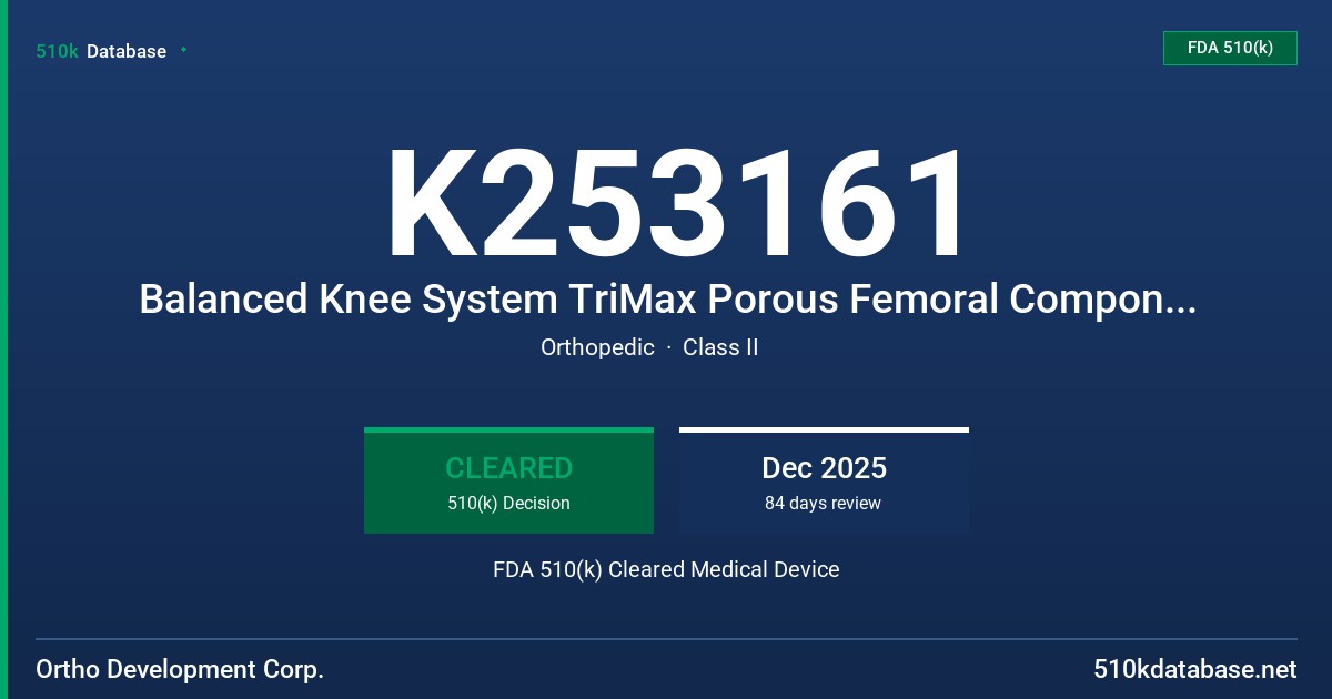 K253161 Balanced Knee System TriMax Porous Femoral Components FDA 510(k) Cleared Medical Device