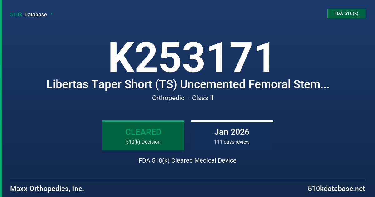 K253171 Libertas Taper Short (TS) Uncemented Femoral Stem (Libertas TS Stem) FDA 510(k) Cleared Medical Device