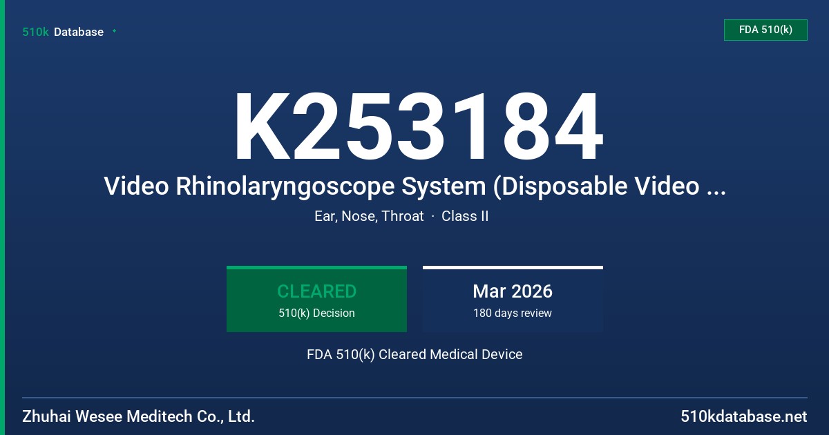 K253184 Video Rhinolaryngoscope System (Disposable Video Rhinolaryngoscope SP11A Endoscopic Video Processor M110B) FDA 510(k) Cleared Medical Device