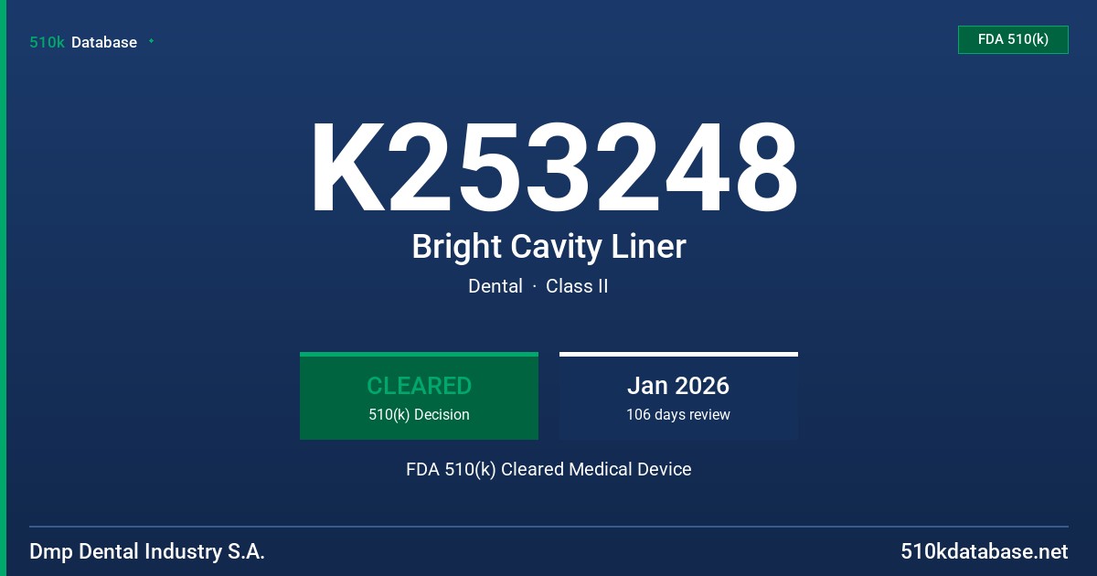 K253248 Bright Cavity Liner FDA 510(k) Cleared Medical Device