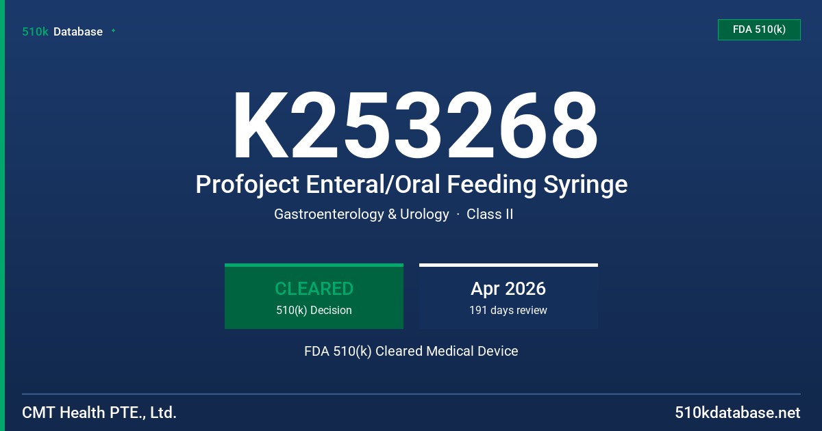 K253268 Profoject Enteral/Oral Feeding Syringe FDA 510(k) Cleared Medical Device