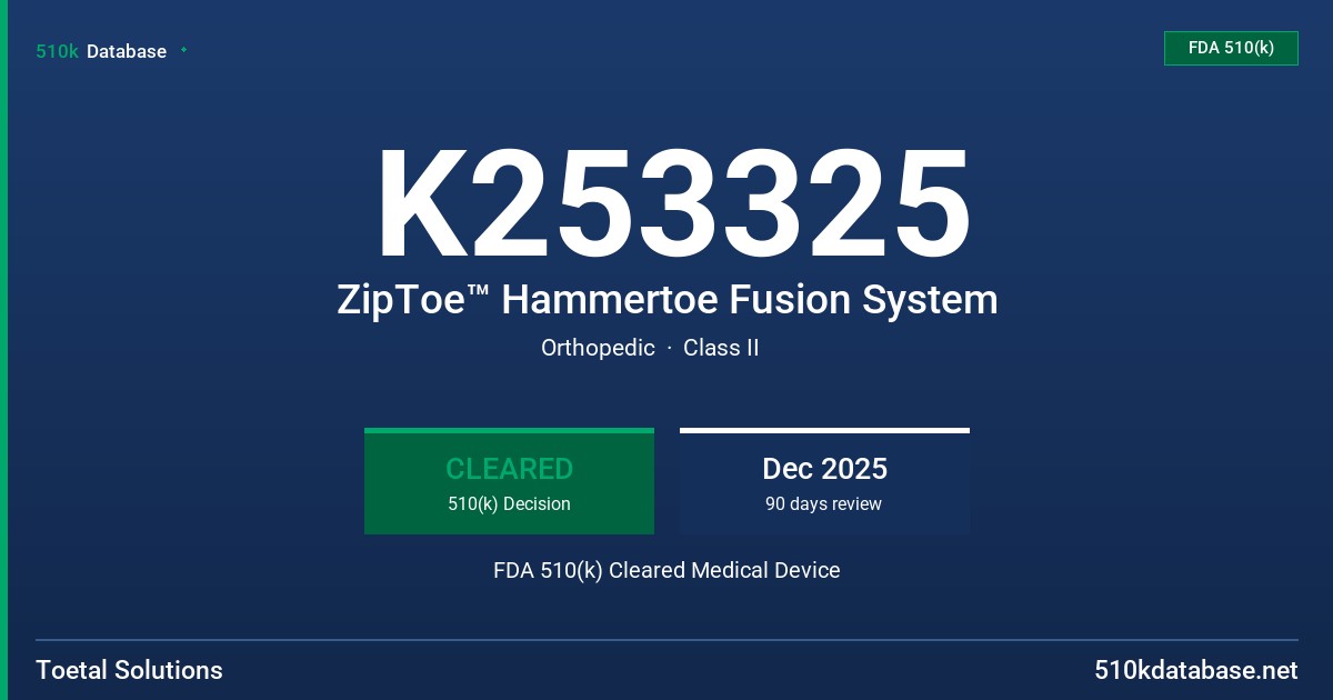 K253325 ZipToe™ Hammertoe Fusion System FDA 510(k) Cleared Medical Device