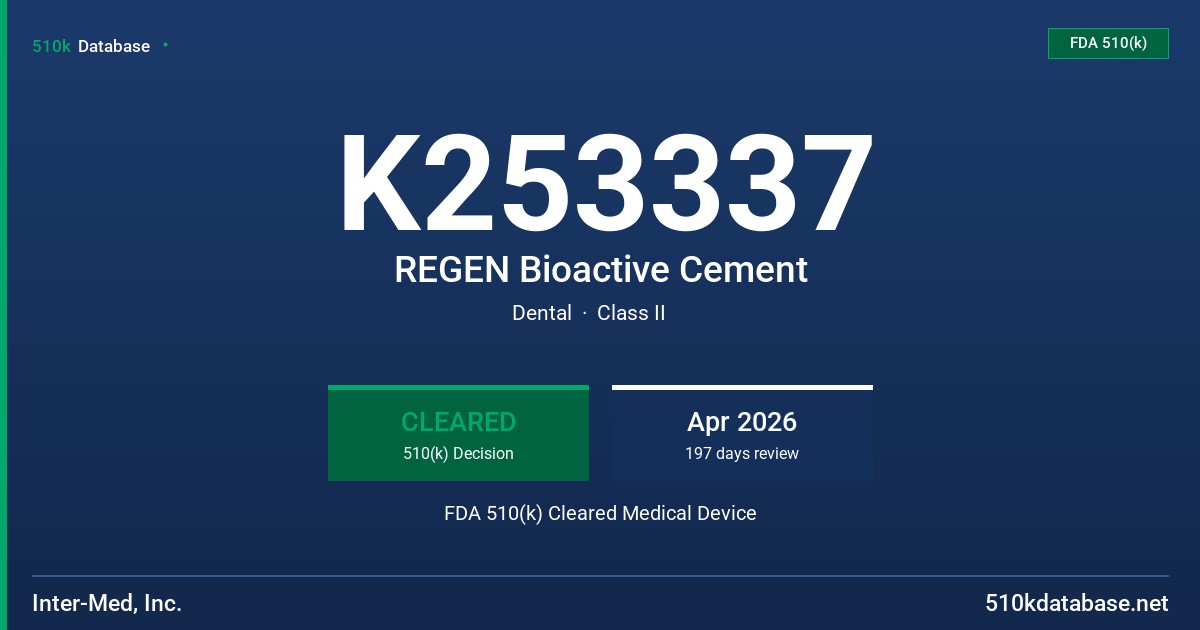 K253337 REGEN Bioactive Cement FDA 510(k) Cleared Medical Device