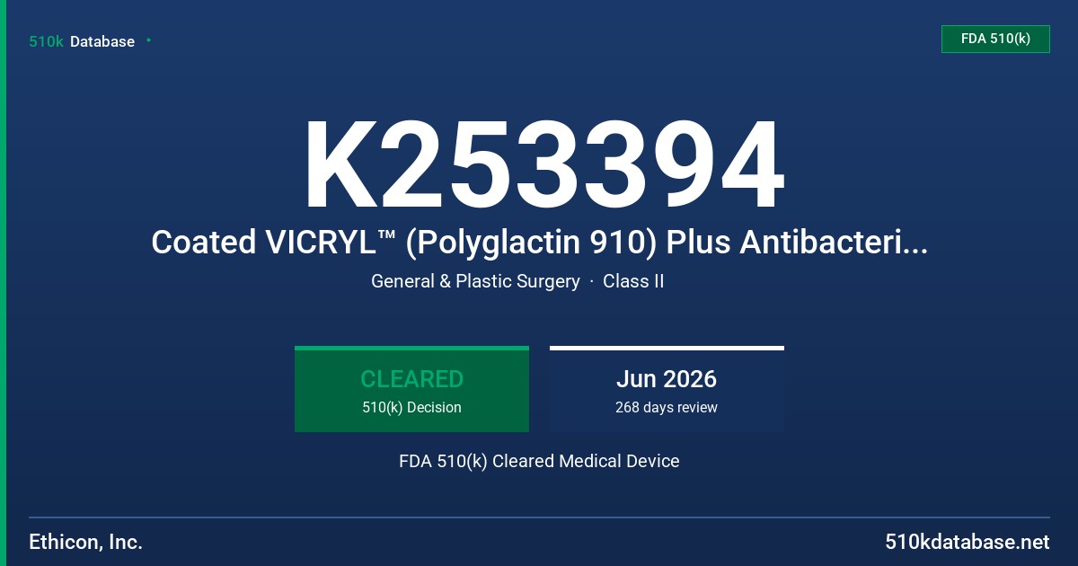 K253394 Coated VICRYL™ (Polyglactin 910) Plus Antibacterial Suture FDA 510(k) Cleared Medical Device