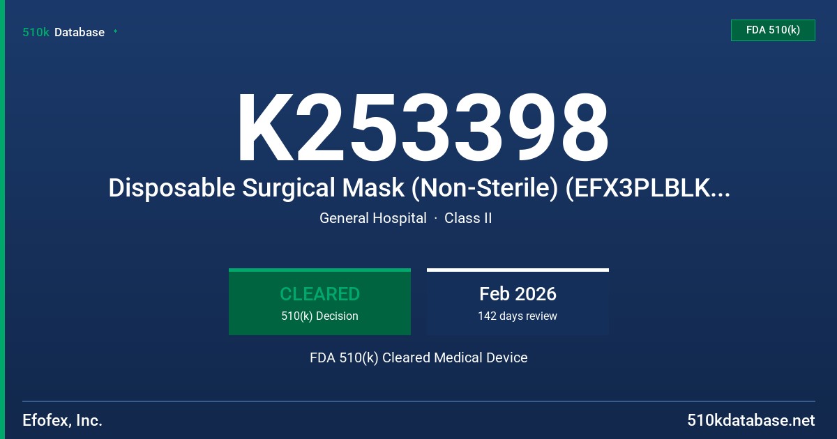 K253398 Disposable Surgical Mask (Non-Sterile) (EFX3PLBLKMSK300) FDA 510(k) Cleared Medical Device