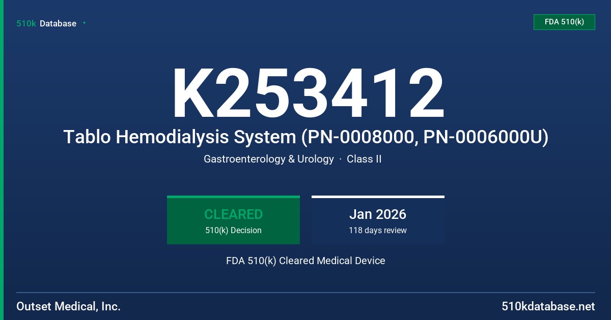 K253412 Tablo Hemodialysis System (PN-0008000, PN-0006000U) FDA 510(k) Cleared Medical Device
