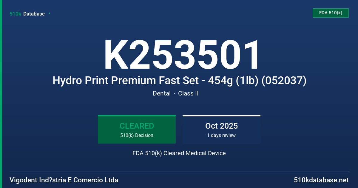K253501 Hydro Print Premium Fast Set - 454g (1lb) (052037) FDA 510(k) Cleared Medical Device