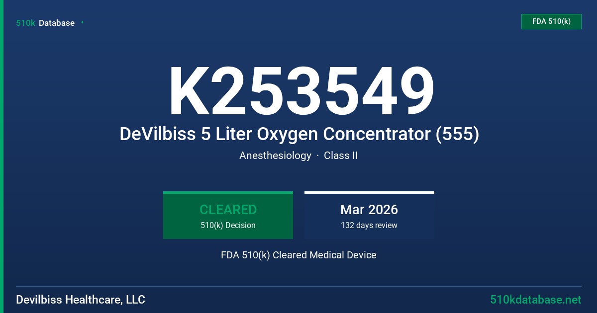 K253549 DeVilbiss 5 Liter Oxygen Concentrator (555) FDA 510(k) Cleared Medical Device