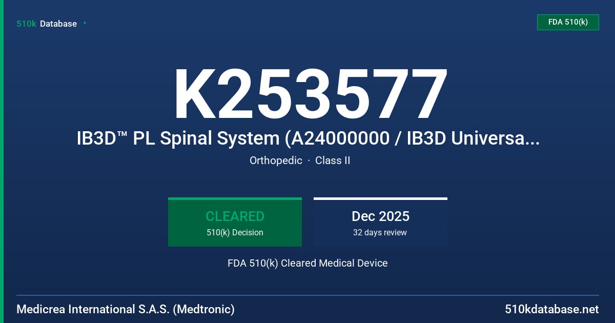 K253577 IB3D™ PL Spinal System (A24000000 / IB3D Universal Implant Inserter) FDA 510(k) Cleared Medical Device