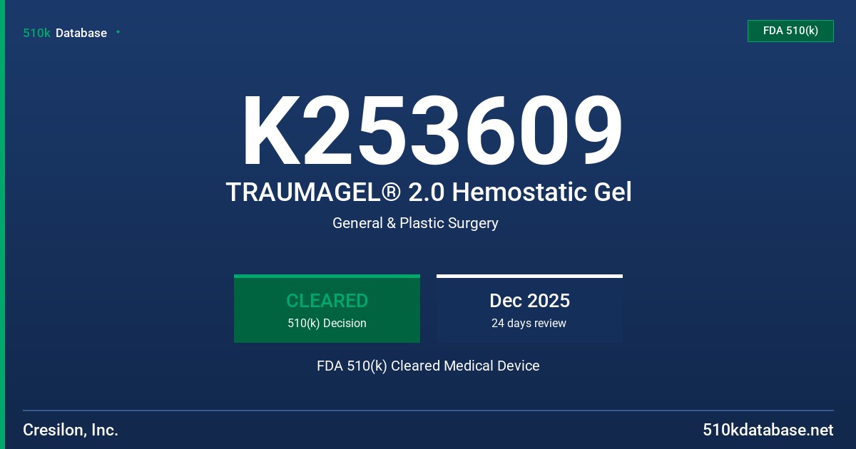 K253609 TRAUMAGEL® 2.0 Hemostatic Gel FDA 510(k) Cleared Medical Device