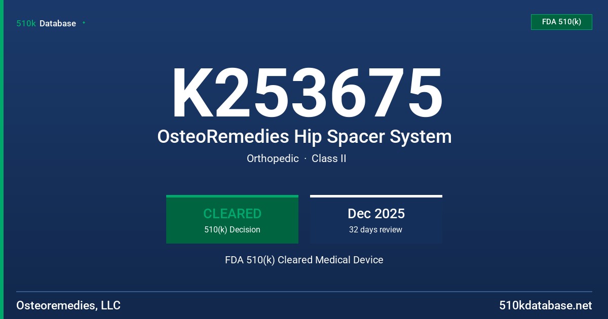 K253675 OsteoRemedies Hip Spacer System FDA 510(k) Cleared Medical Device