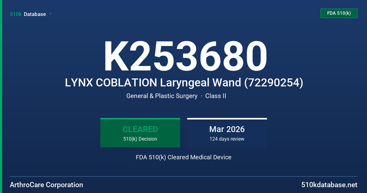 K253680 LYNX COBLATION Laryngeal Wand (72290254) FDA 510(k) Cleared Medical Device