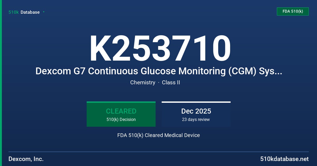 K253710 Dexcom G7 Continuous Glucose Monitoring (CGM) System, Dexcom G7 15 Day Continuous Glucose Monitoring (CGM) System FDA 510(k) Cleared Medical Device