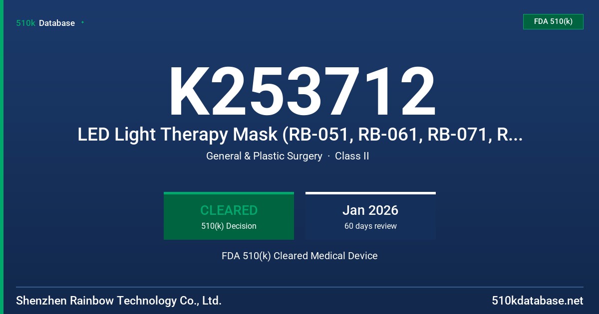 K253712 LED Light Therapy Mask (RB-051, RB-061, RB-071, RB-052, RB-062, RB-072, RB-053, RB-063, RB-073) FDA 510(k) Cleared Medical Device