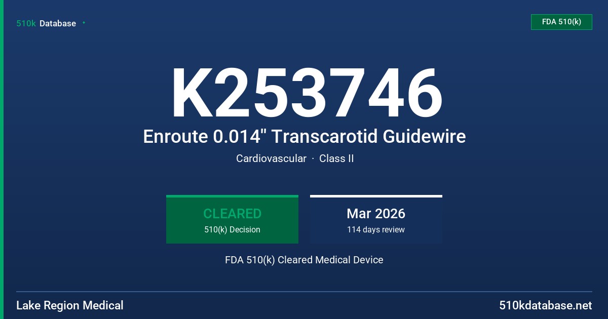 K253746 Enroute 0.014'' Transcarotid Guidewire FDA 510(k) Cleared Medical Device