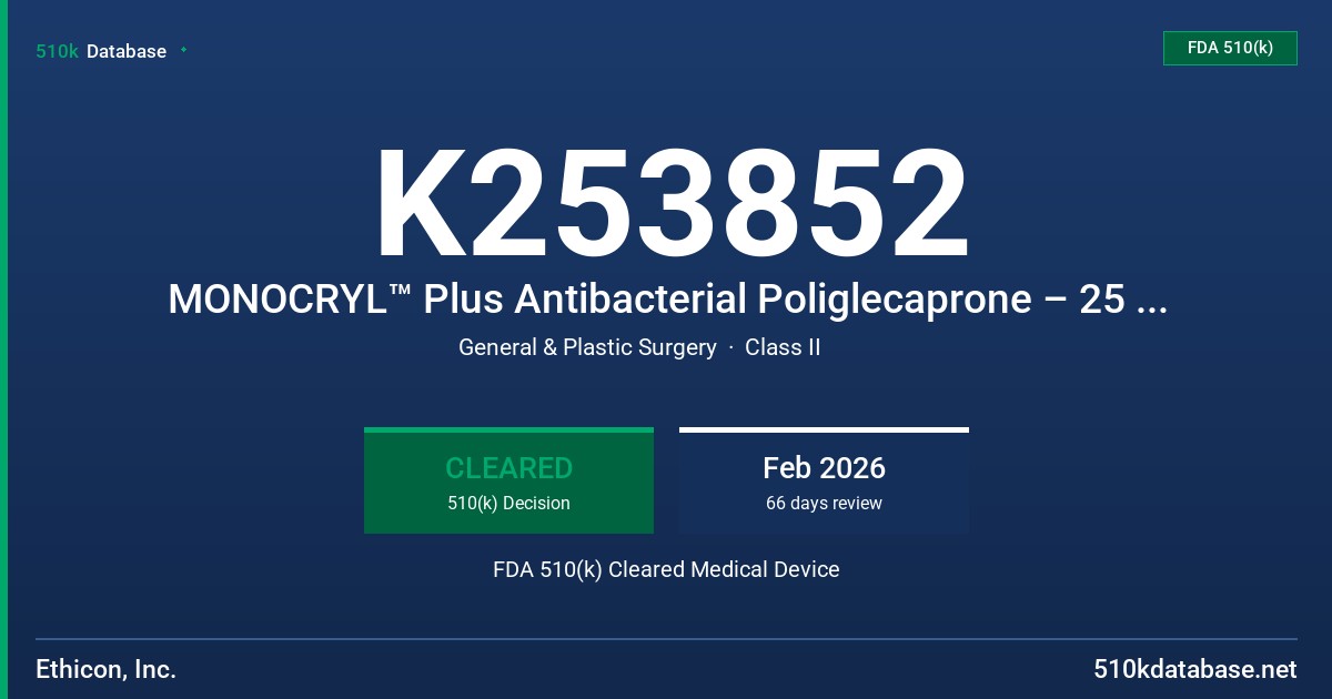 K253852 MONOCRYL™ Plus Antibacterial Poliglecaprone – 25 (Monofilament), Sterile Synthetic Absorbable Surgical Suture FDA 510(k) Cleared Medical Device