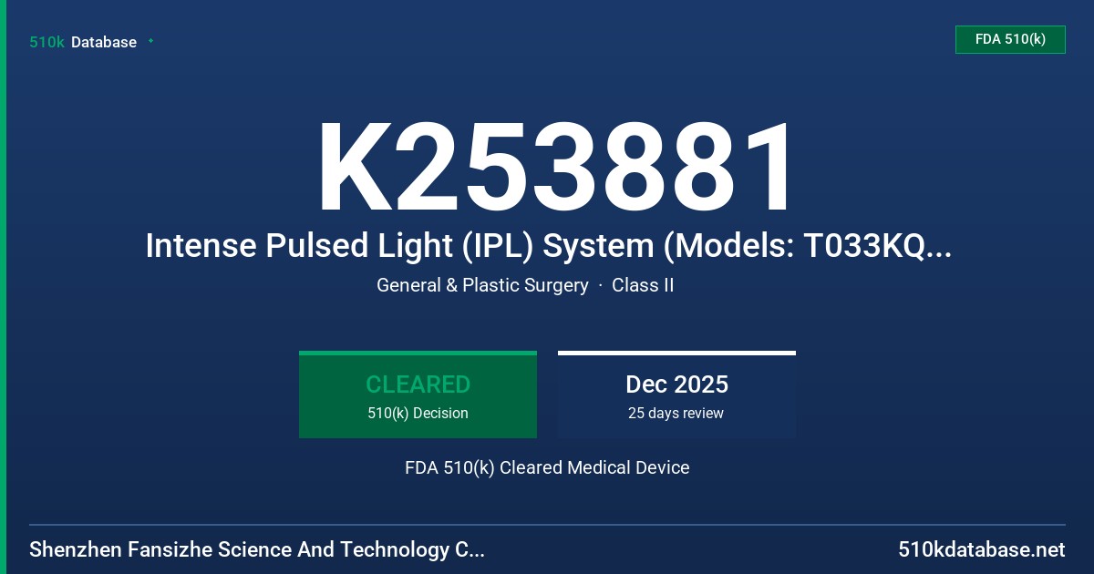 K253881 Intense Pulsed Light (IPL) System (Models: T033KQ, T033KD, T033KF, T033MQ, T033MD, T033MF, T055KQ, T055KD, T055KH, T505KQ, T505KH, T505KF, SL-B505WM) FDA 510(k) Cleared Medical Device