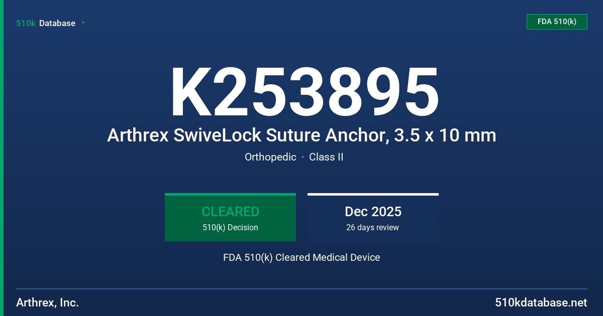 K253895 Arthrex SwiveLock Suture Anchor, 3.5 x 10 mm FDA 510(k) Cleared Medical Device