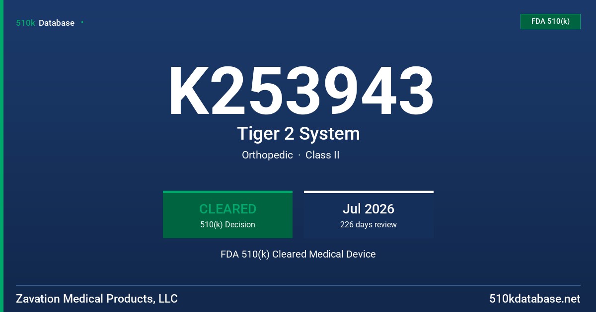 K253943 Tiger 2 System FDA 510(k) Cleared Medical Device