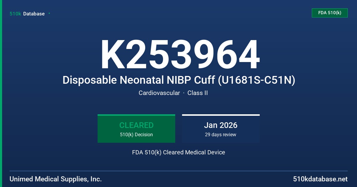 K253964 Disposable Neonatal NIBP Cuff (U1681S-C51N) FDA 510(k) Cleared Medical Device