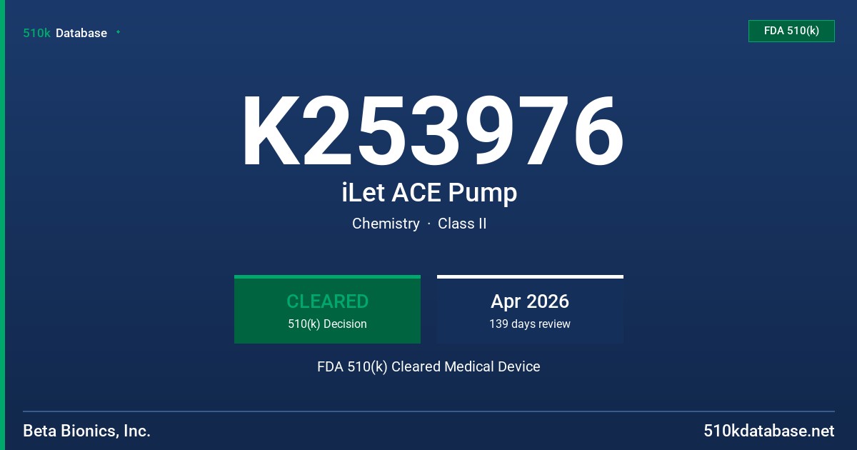 K253976 iLet ACE Pump FDA 510(k) Cleared Medical Device