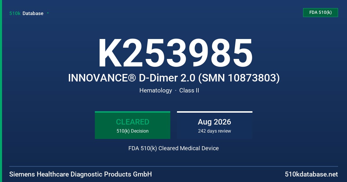 K253985 INNOVANCE® D-Dimer 2.0 (SMN 10873803) FDA 510(k) Cleared Medical Device