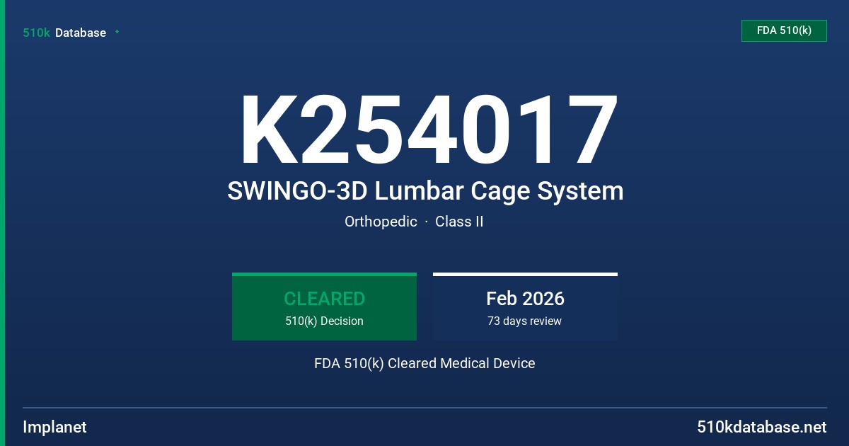 K254017 SWINGO-3D Lumbar Cage System FDA 510(k) Cleared Medical Device