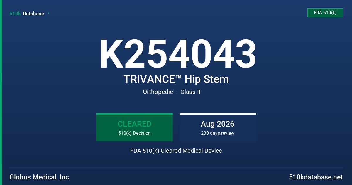 K254043 TRIVANCE™ Hip Stem FDA 510(k) Cleared Medical Device
