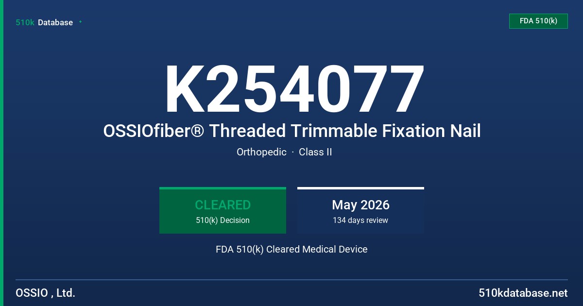 K254077 OSSIOfiber® Threaded Trimmable Fixation Nail FDA 510(k) Cleared Medical Device