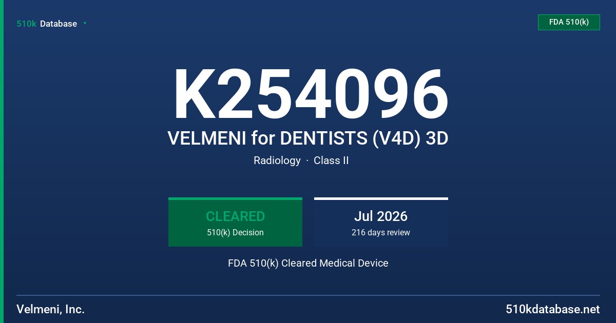 K254096 VELMENI for DENTISTS (V4D) 3D FDA 510(k) Cleared Medical Device