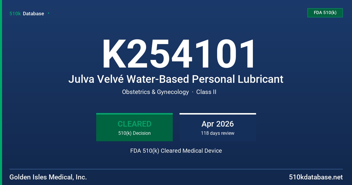 K254101 Julva Velvé Water-Based Personal Lubricant FDA 510(k) Cleared Medical Device