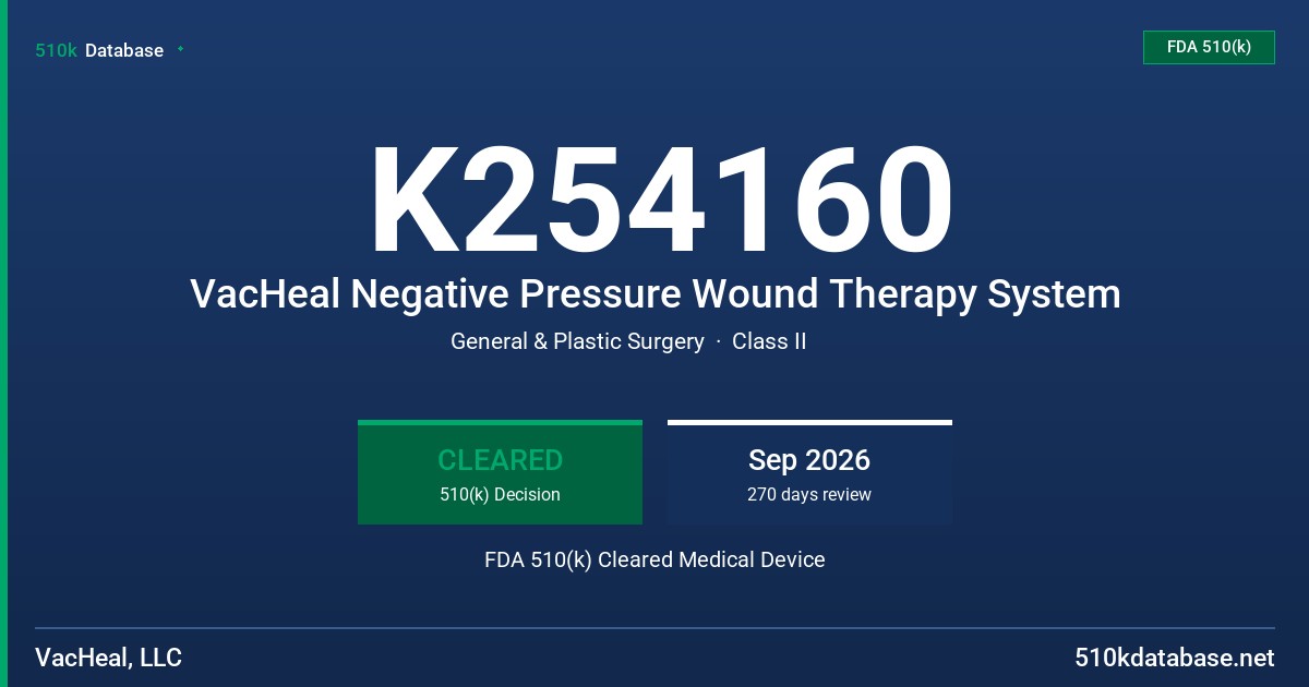 K254160 VacHeal Negative Pressure Wound Therapy System FDA 510(k) Cleared Medical Device