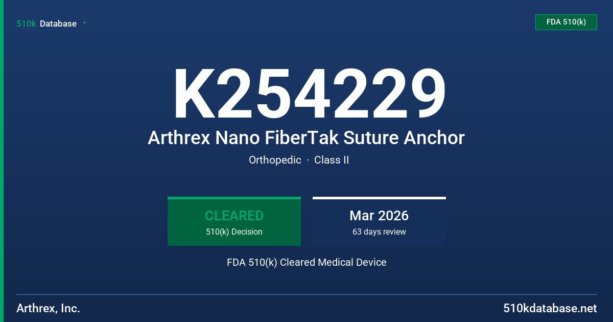 K254229 Arthrex Nano FiberTak Suture Anchor FDA 510(k) Cleared Medical Device