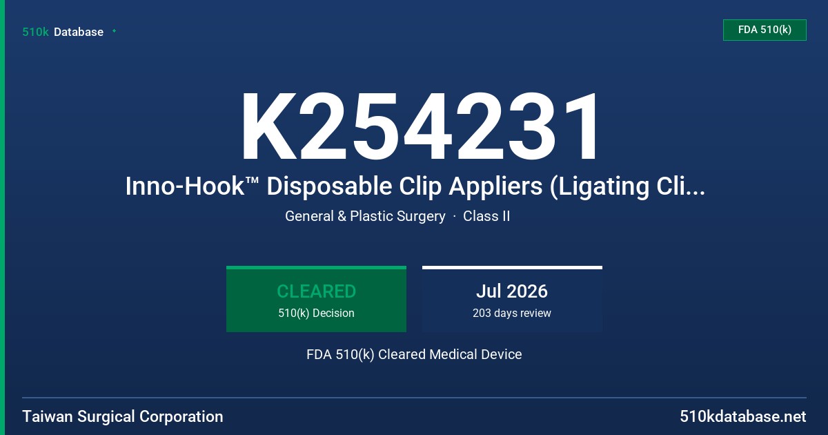 K254231 Inno-Hook™ Disposable Clip Appliers (Ligating Clips) and Inno-Hook™ Ligating Clips FDA 510(k) Cleared Medical Device