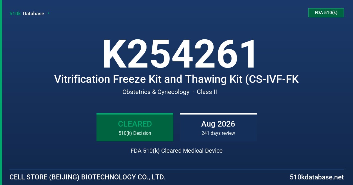 K254261 Vitrification Freeze Kit and Thawing Kit (CS-IVF-FK FDA 510(k) Cleared Medical Device