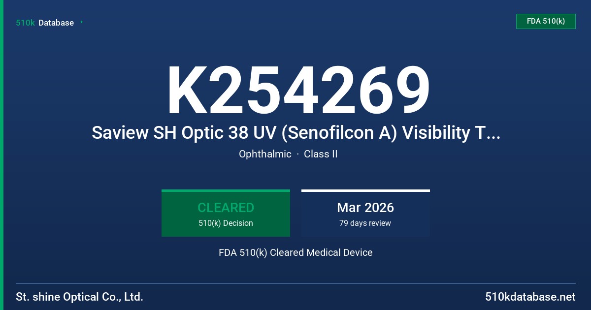 K254269 Saview SH Optic 38 UV (Senofilcon A) Visibility Tinted Soft (Hydrophilic) Contact Lens FDA 510(k) Cleared Medical Device