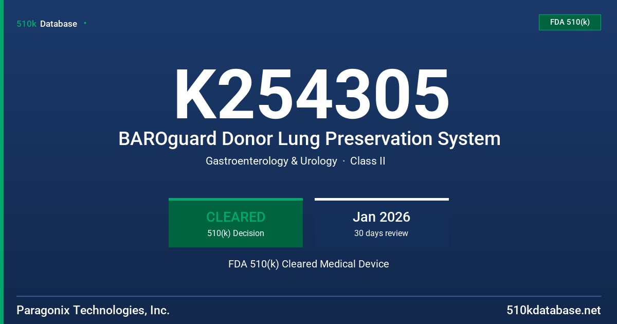 K254305 BAROguard Donor Lung Preservation System FDA 510(k) Cleared Medical Device