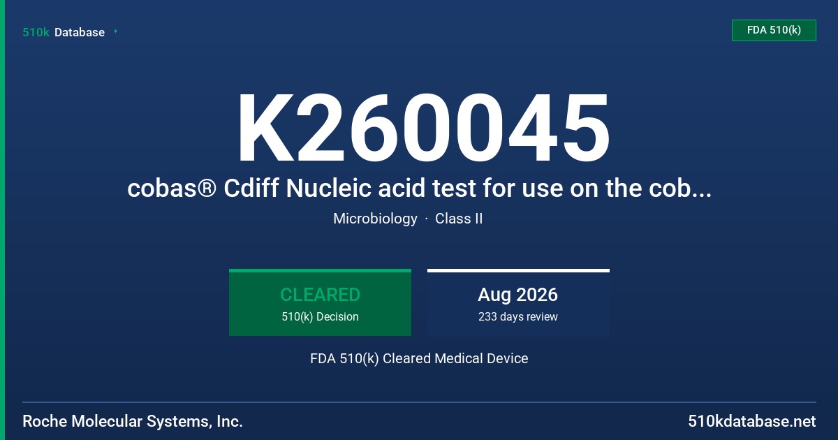 K260045 cobas® Cdiff Nucleic acid test for use on the cobas® Liat® System (07454945190) FDA 510(k) Cleared Medical Device