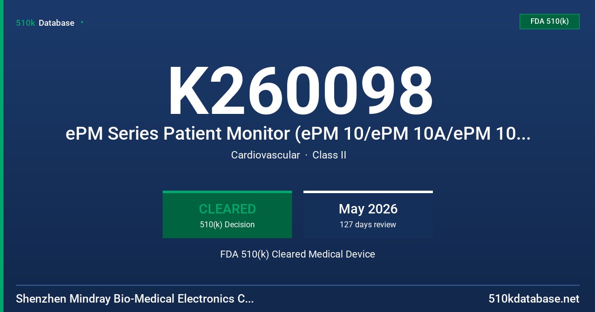 K260098 ePM Series Patient Monitor (ePM 10/ePM 10A/ePM 10C/Guardian plus/ ePM 12/ePM 12A/ePM 12C / ePM 15/ePM 15A/ePM 15C /ePM 10M/ ePM 10MA/ ePM 10MC/ePM 12M/ ePM 12MA/ ePM 12MC/ePM 15M/ ePM 15MA/ ePM 15MC) FDA 510(k) Cleared Medical Device