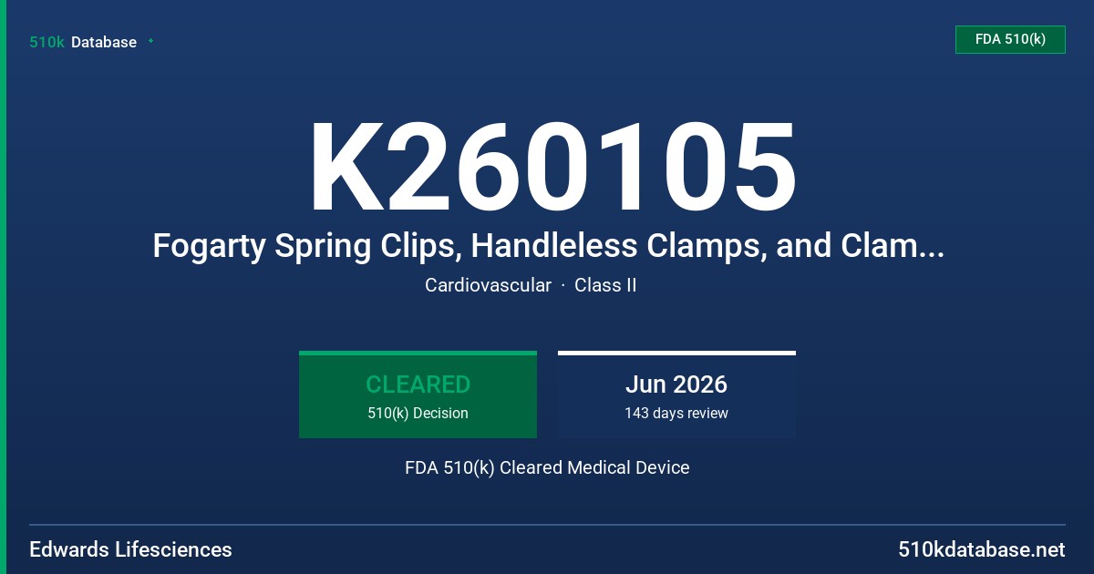 K260105 Fogarty Spring Clips, Handleless Clamps, and Clamp Inserts FDA 510(k) Cleared Medical Device