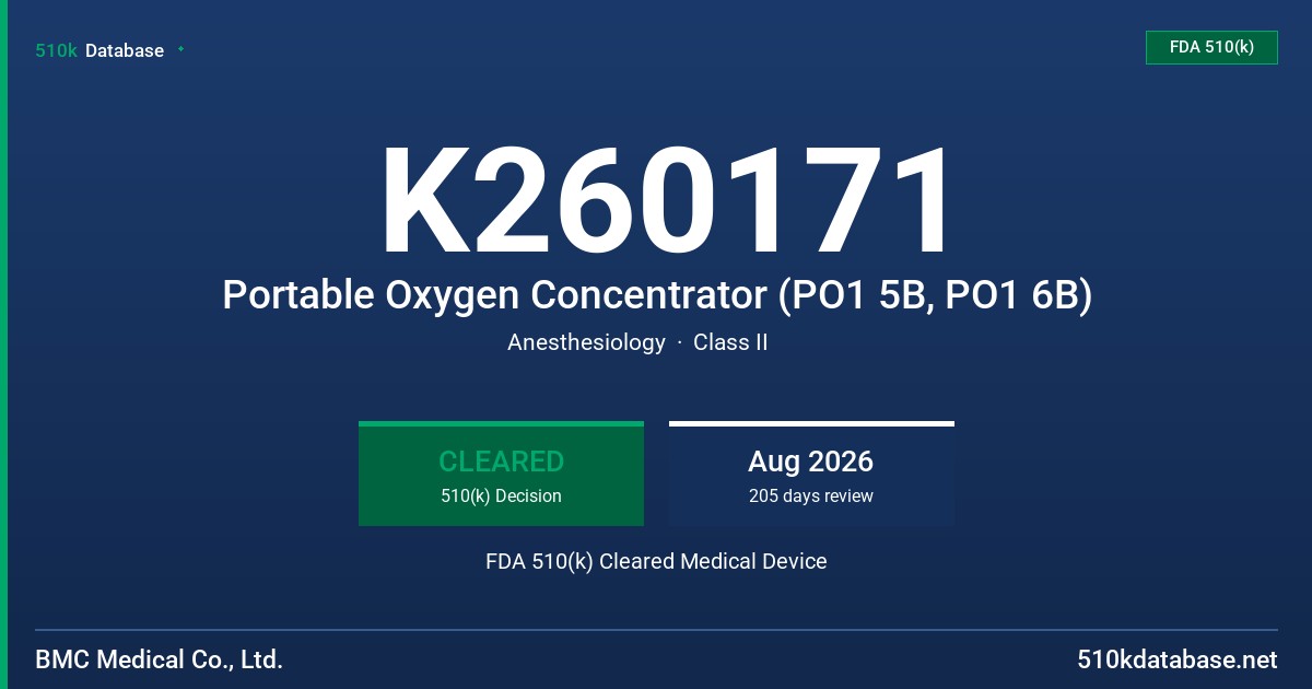 K260171 Portable Oxygen Concentrator (PO1 5B, PO1 6B) FDA 510(k) Cleared Medical Device