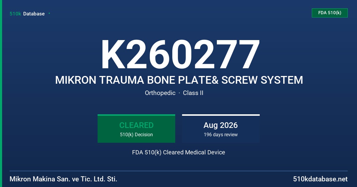 K260277 MIKRON TRAUMA BONE PLATE& SCREW SYSTEM FDA 510(k) Cleared Medical Device