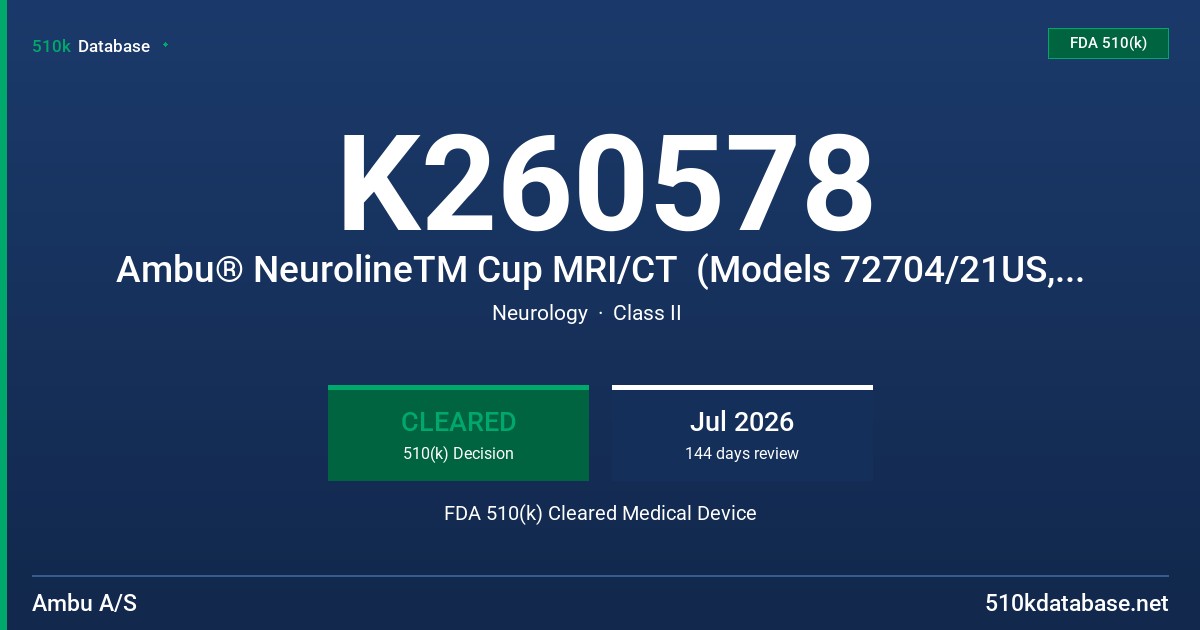K260578 Ambu® NeurolineTM Cup MRI/CT  (Models 72704/21US, 72704/23US, 72704/25US, 72704/27US) Ambu® NeurolineTM Cup MRI/CT-set  (Models 72704/21-1010US, 72704/21-1010US, 72704/23-1010US, 72704/25-1010US, 72704/27-1010US) Ambu® NeurolineTM Cup MRI/CT-mini set  (Models 72704/21-0301US, 72704/23-0301US, 72704/25-0301US, 72704/27-0301US) FDA 510(k) Cleared Medical Device