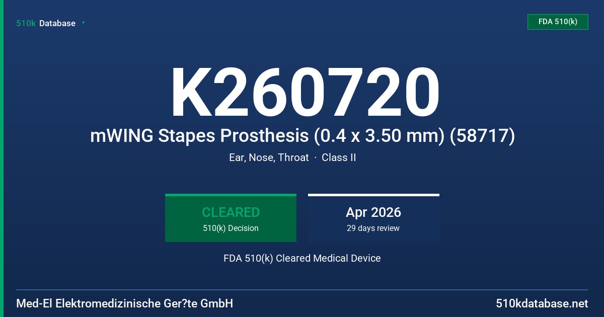 K260720 mWING Stapes Prosthesis (0.4 x 3.50 mm) (58717) FDA 510(k) Cleared Medical Device