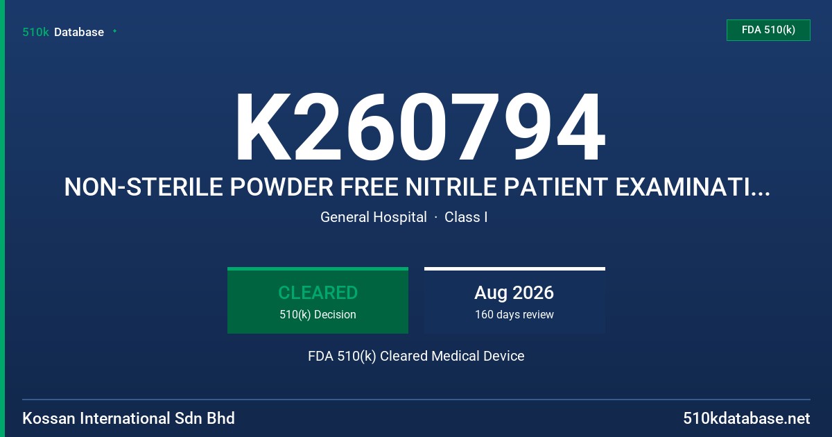 K260794 NON-STERILE POWDER FREE NITRILE PATIENT EXAMINATION GLOVES, WITH LICORICE ROOT EXTRACT AND UREA, TESTED FOR USE WITH CHEMOTHERAPY DRUGS, FENTANYL CITRATE, XYLAZINE HCl, AND GASTRIC ACID. OCEAN COLOR FDA 510(k) Cleared Medical Device