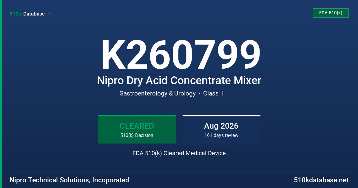 K260799 Nipro Dry Acid Concentrate Mixer FDA 510(k) Cleared Medical Device