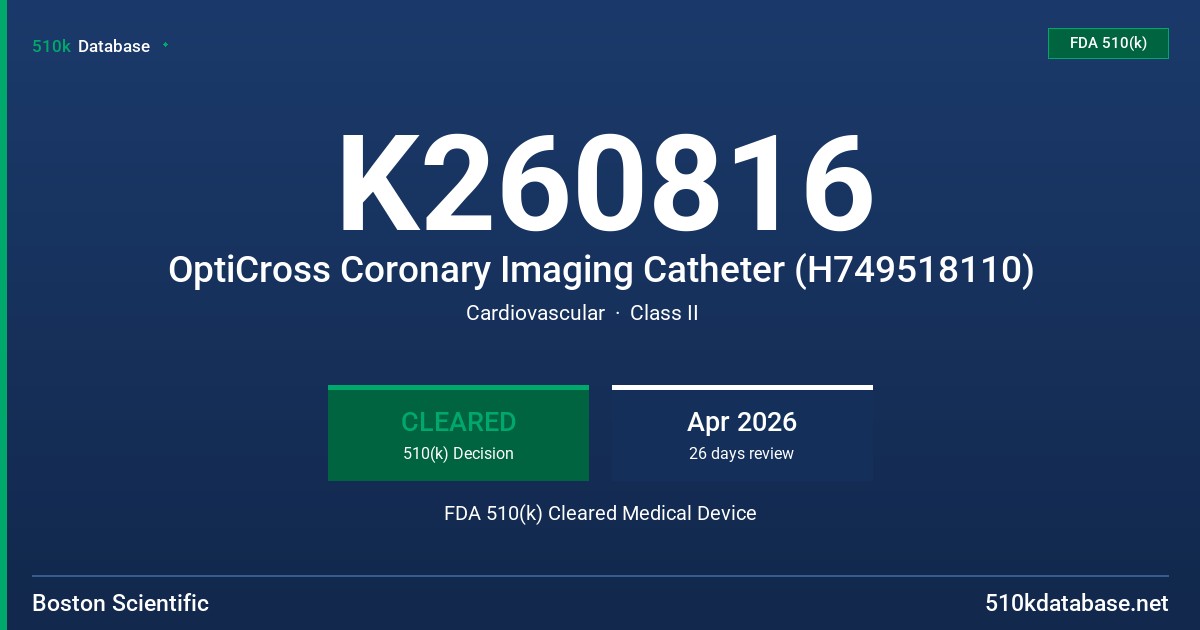 K260816 OptiCross Coronary Imaging Catheter (H749518110) FDA 510(k) Cleared Medical Device