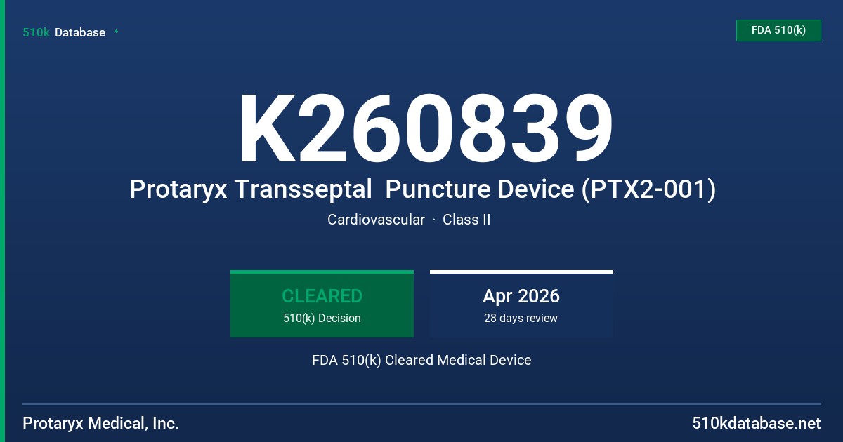 K260839 Protaryx Transseptal  Puncture Device (PTX2-001) FDA 510(k) Cleared Medical Device